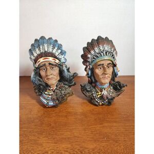 2 Resin Native American Warrior Small Bust‎ Blue & Red Feathered Headdress